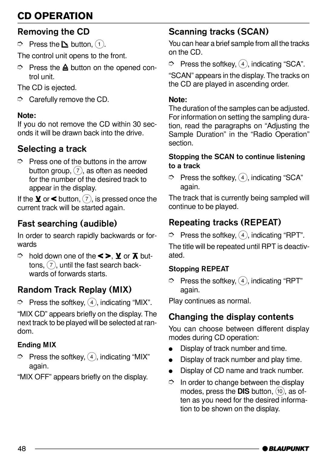 Blaupunkt Orlando CD70, Denver CD70, Phoenix CD70 operating instructions CD Operation 