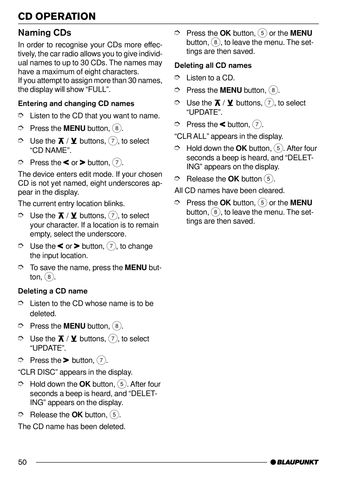 Blaupunkt Phoenix CD70, Denver CD70, Orlando CD70 operating instructions Naming CDs 