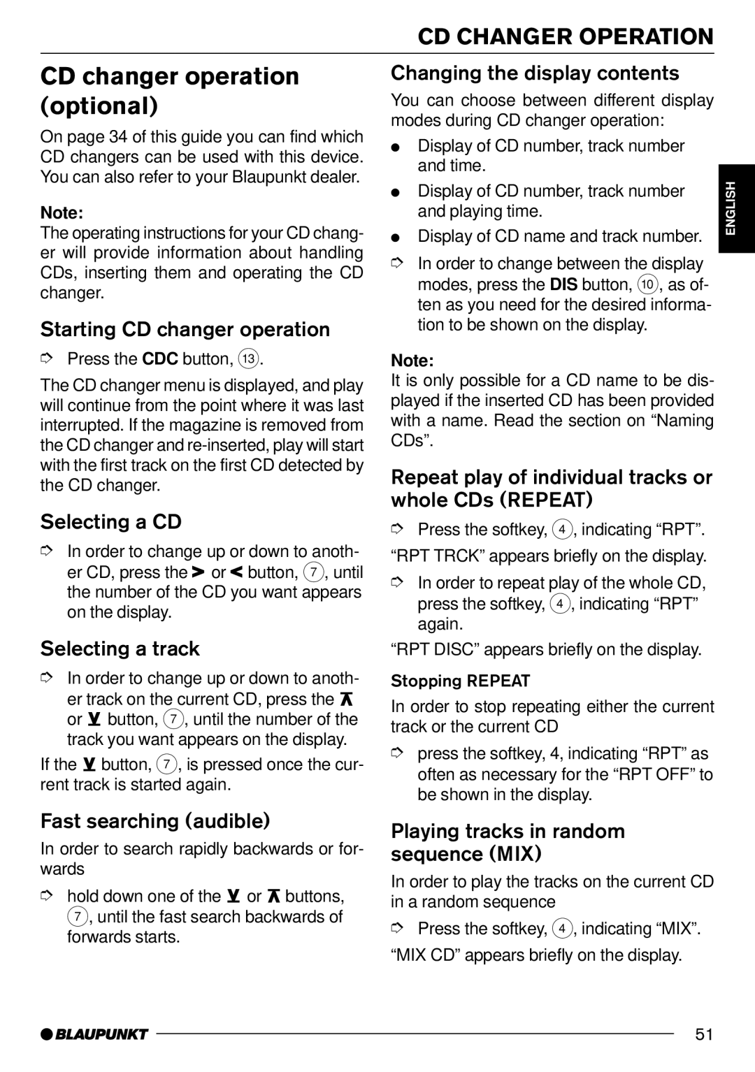 Blaupunkt Orlando CD70, Denver CD70, Phoenix CD70 operating instructions CD changer operation optional, CD Changer Operation 