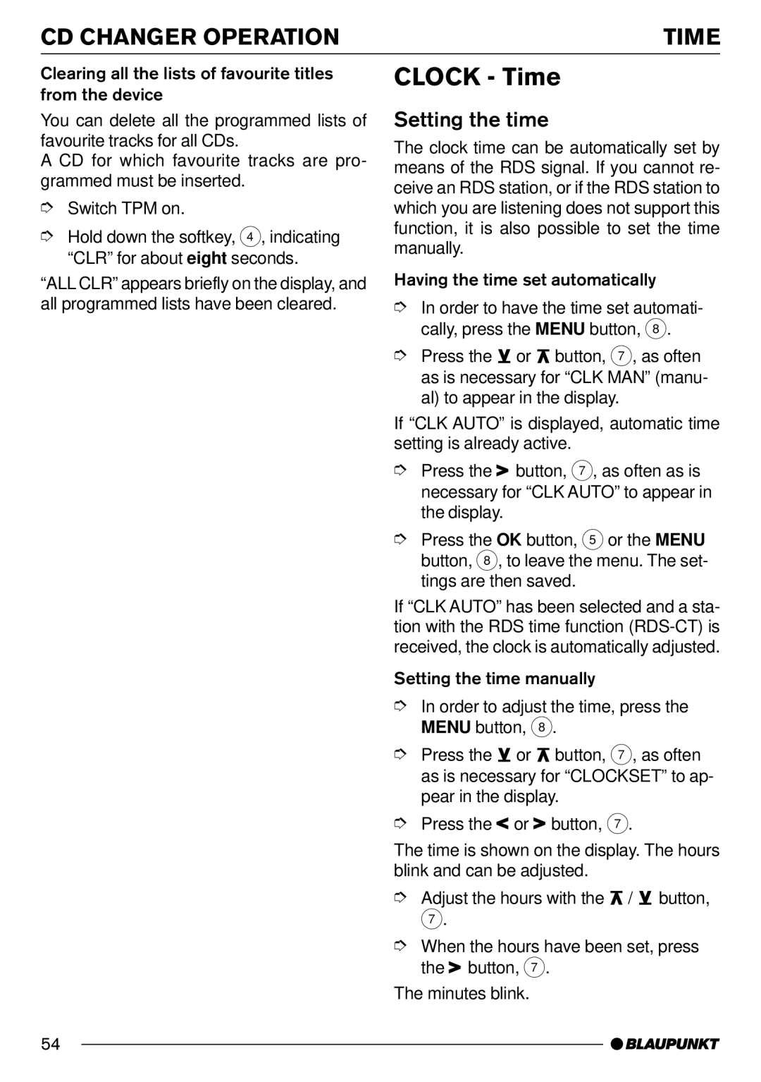 Blaupunkt Orlando CD70, Denver CD70, Phoenix CD70 Clock Time, CD Changer Operation Time, Setting the time 