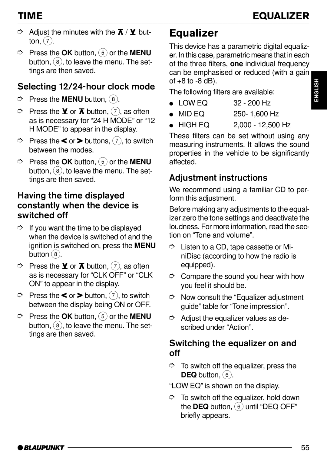 Blaupunkt Denver CD70, Phoenix CD70 Time Equalizer, Selecting 12/24-hour clock mode, Adjustment instructions 