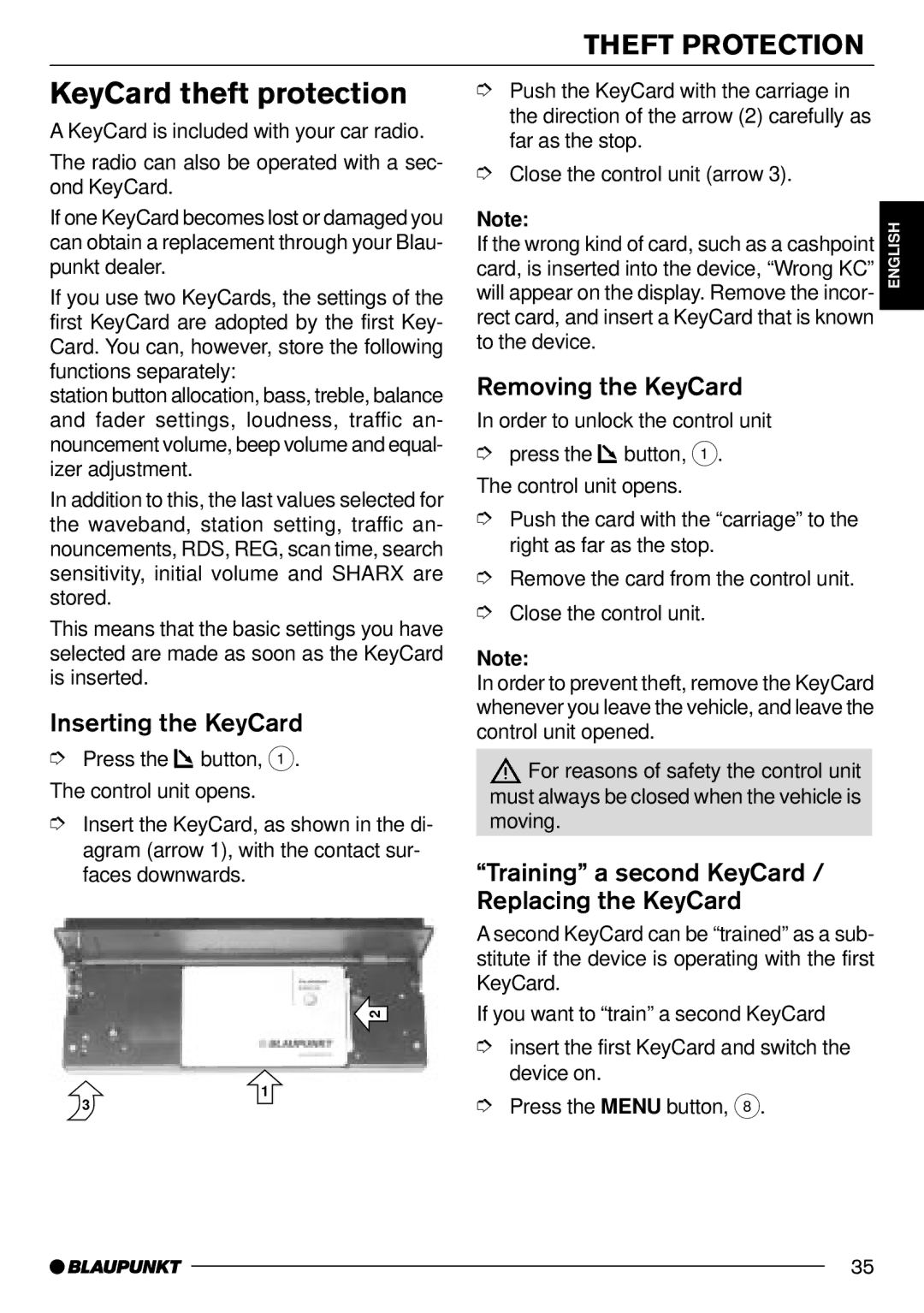 Blaupunkt Phoenix CD70 KeyCard theft protection, Theft Protection, Inserting the KeyCard, Removing the KeyCard 