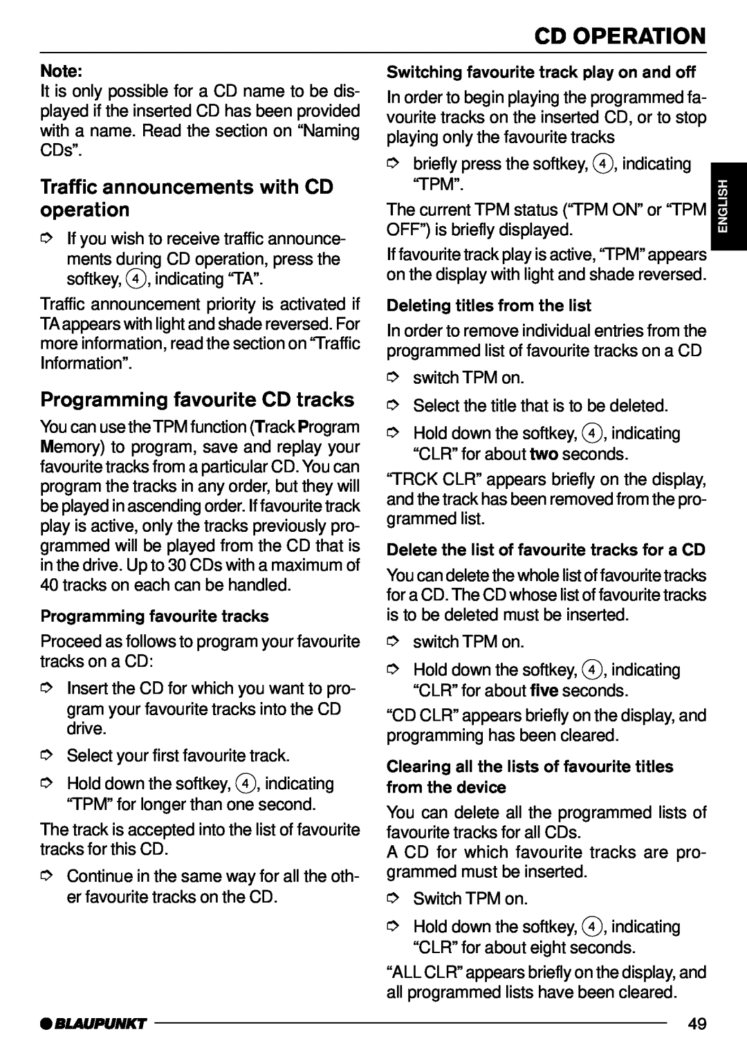 Blaupunkt Denver CD70, Phoenix CD70 Traffic announcements with CD operation, Programming favourite CD tracks, Cd Operation 