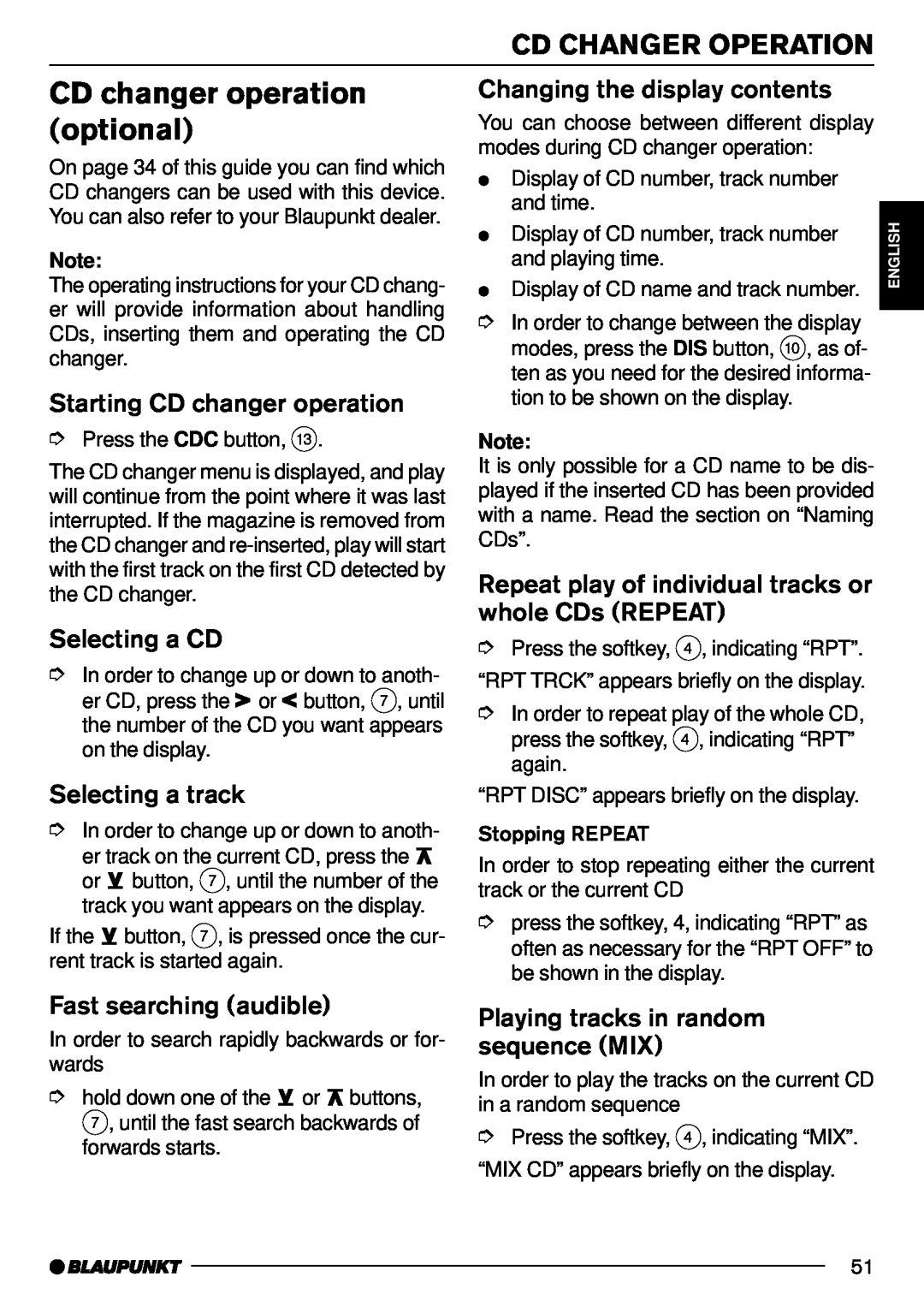 Blaupunkt Orlando CD70 CD changer operation optional, Cd Changer Operation, Starting CD changer operation, Selecting a CD 