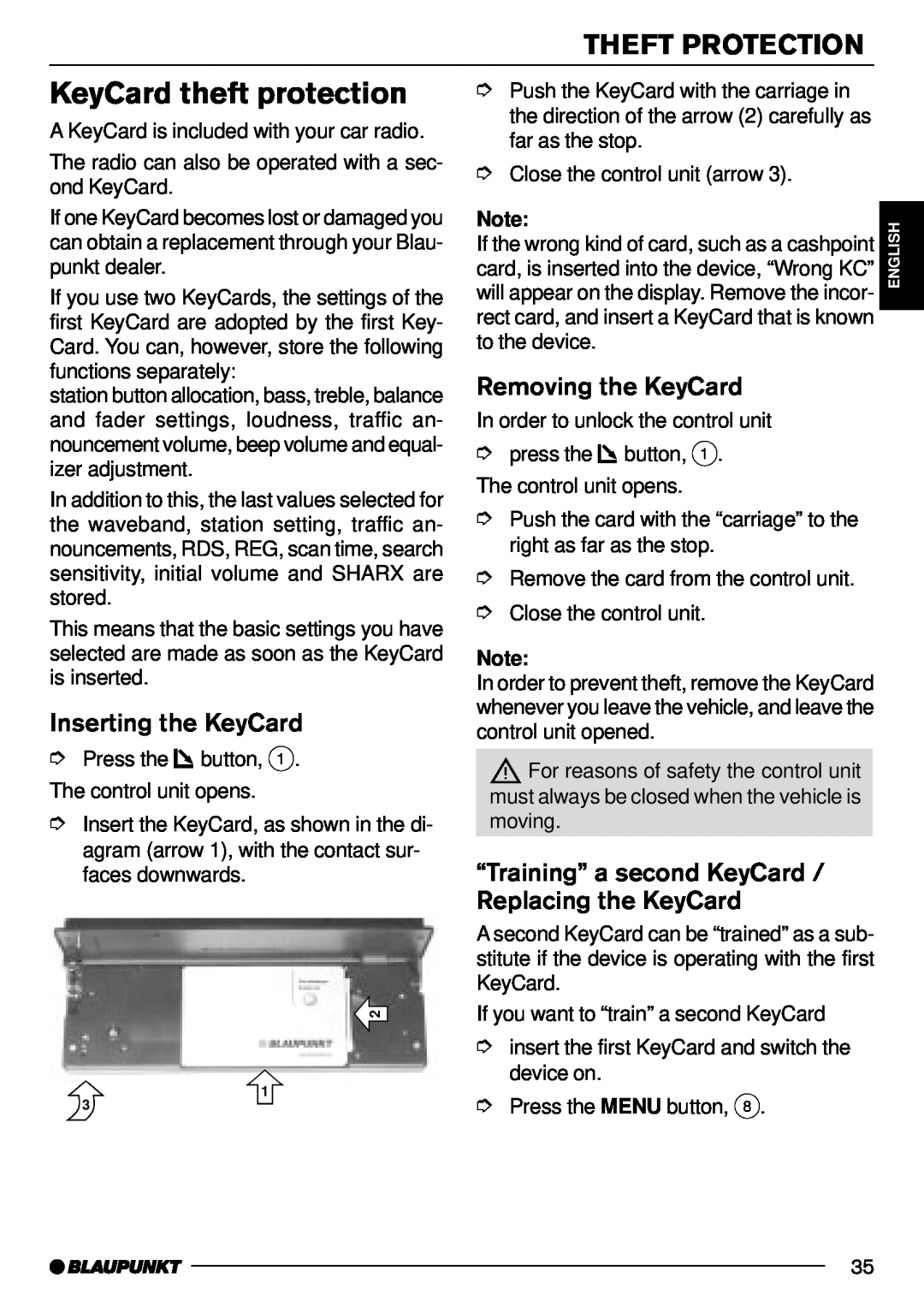Blaupunkt Phoenix CD70 KeyCard theft protection, Theft Protection, Inserting the KeyCard, Removing the KeyCard 