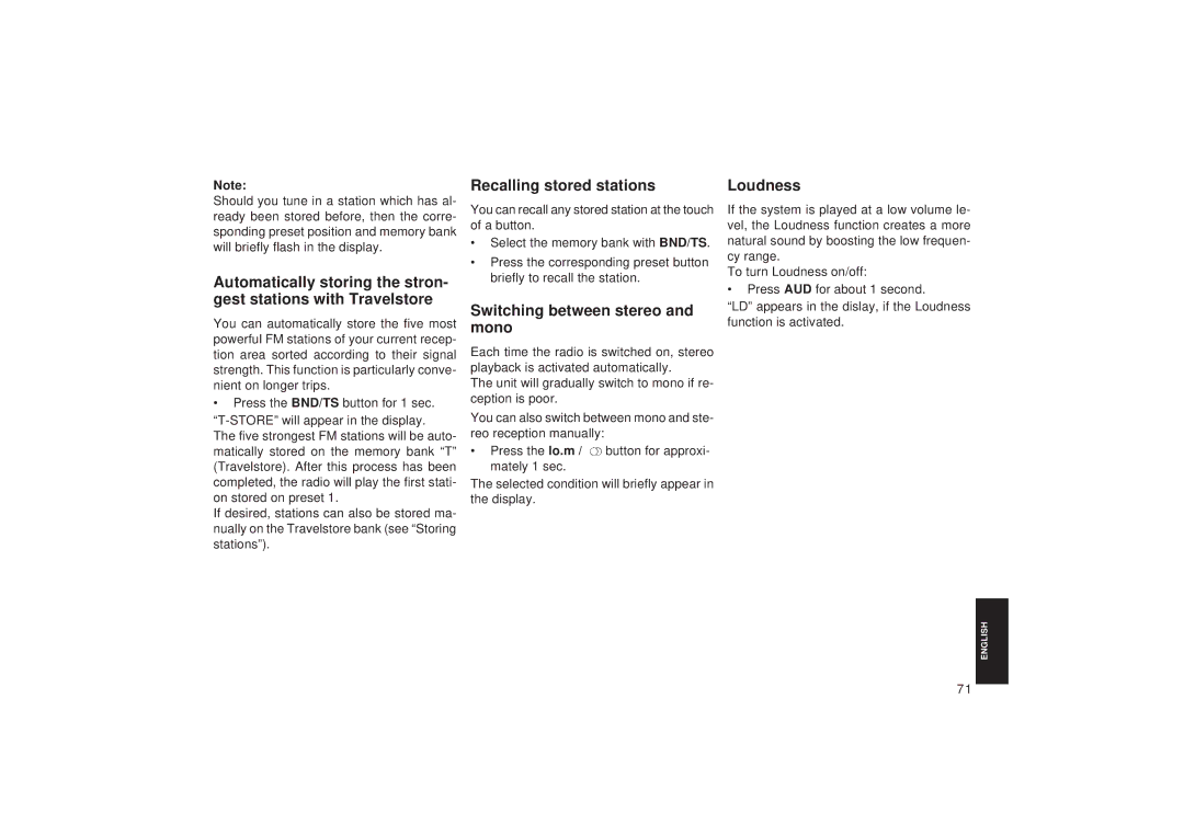 Blaupunkt DJ I, DJ A operating instructions Recalling stored stations Loudness, Switching between stereo, Mono 