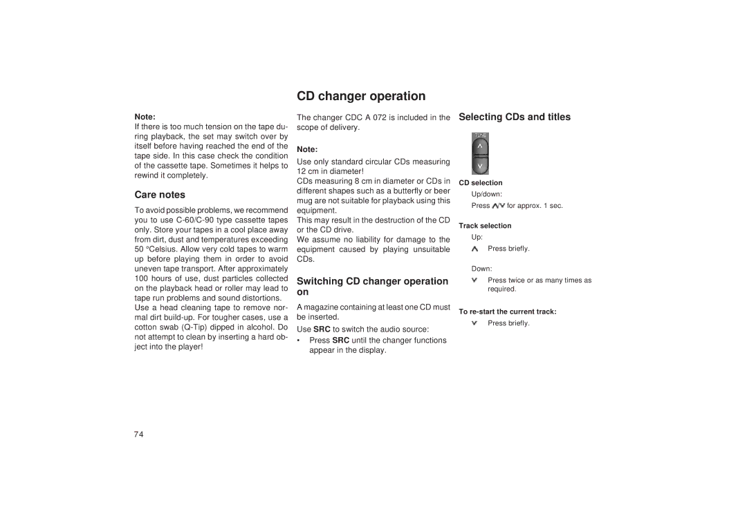 Blaupunkt DJ A, DJ I operating instructions Care notes, Switching CD changer operation on, Selecting CDs and titles 