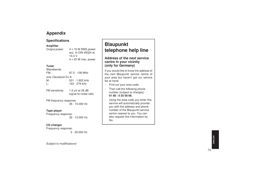 Blaupunkt DJ I, DJ A operating instructions Appendix, Specifications 