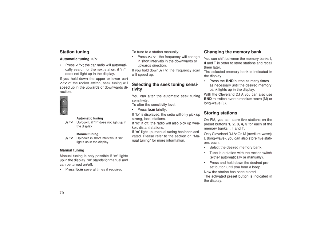 Blaupunkt DJ A, DJ I Station tuning, Selecting the seek tuning sensi- tivity, Changing the memory bank, Storing stations 