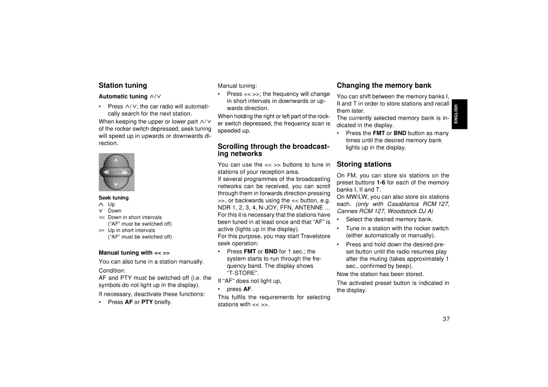 Blaupunkt RCM 127, DJ I, DJ A Station tuning, Scrolling through the broadcast- ing networks, Changing the memory bank 