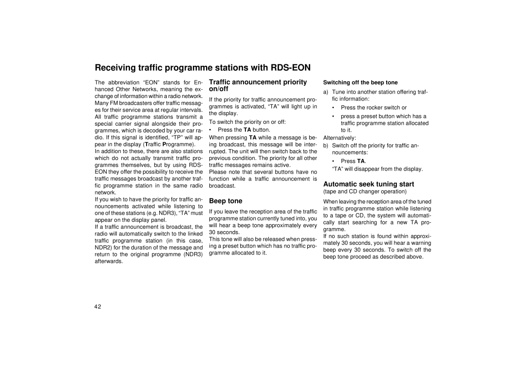 Blaupunkt DJ I, RCM 127 Receiving traffic programme stations with RDS-EON, Traffic announcement priority on/off, Beep tone 