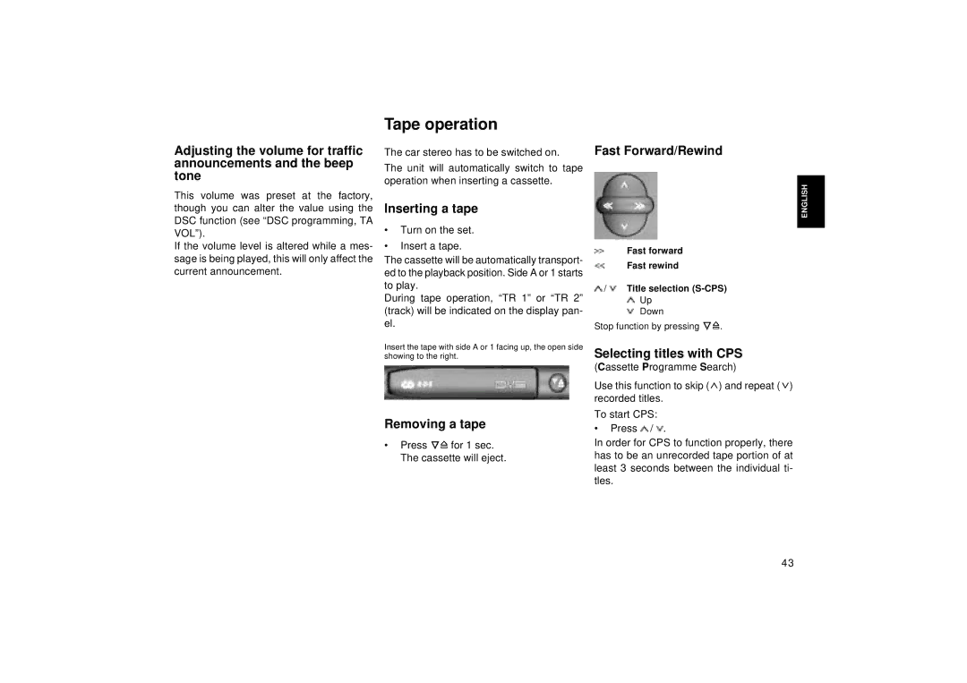 Blaupunkt RCM 127, DJ I Tape operation, Inserting a tape, Removing a tape, Fast Forward/Rewind, Selecting titles with CPS 