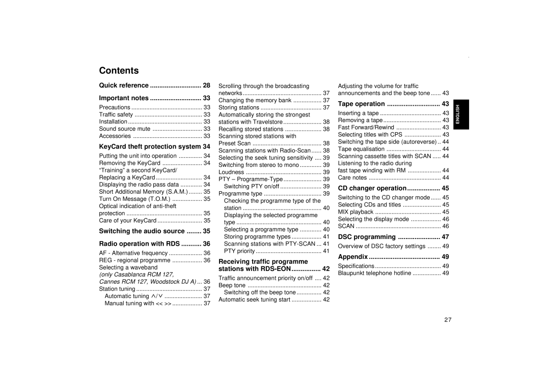 Blaupunkt DJ I, RCM 127, DJ A operating instructions Contents 