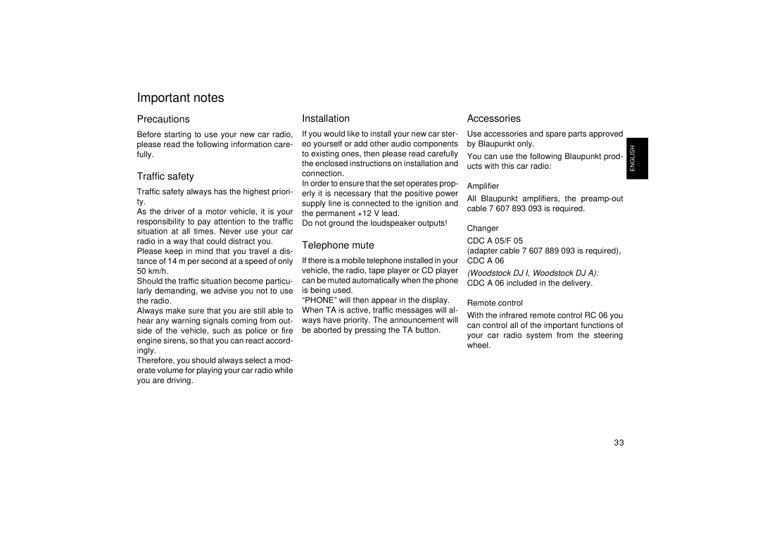 Blaupunkt DJ I, RCM 127, DJ A operating instructions Important notes 