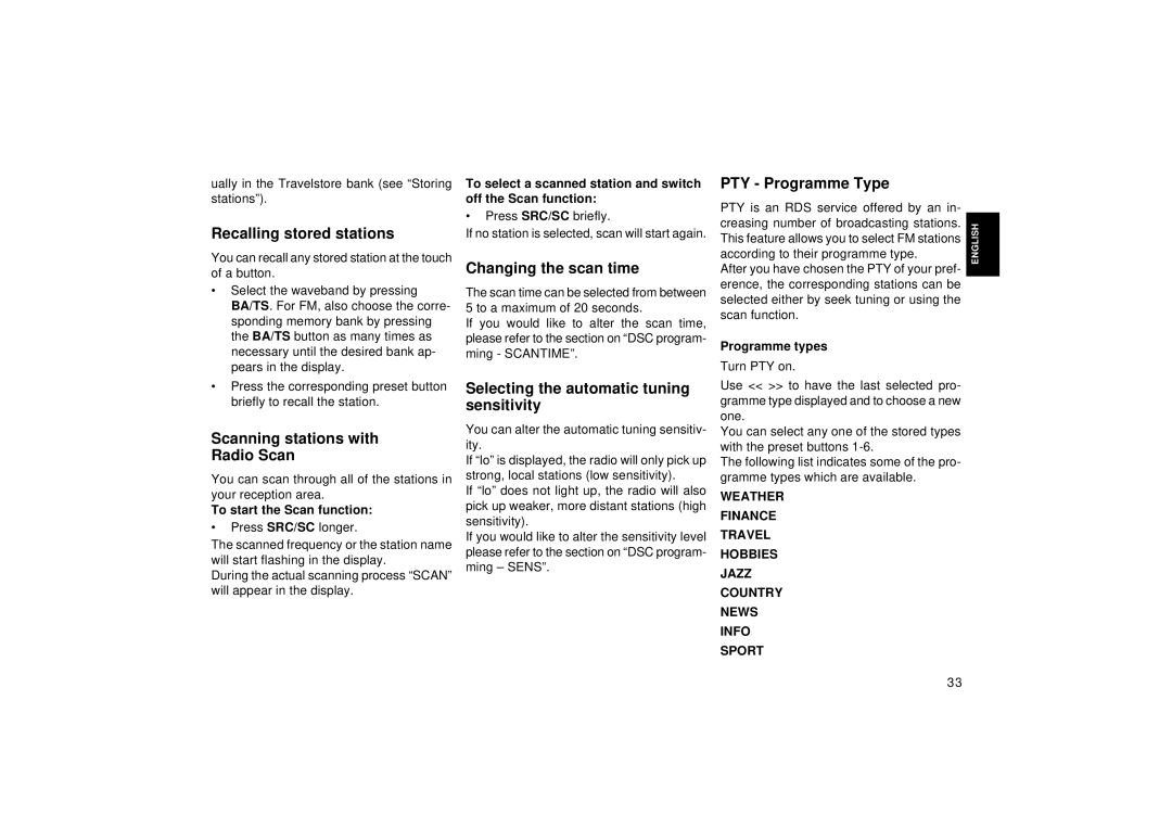 Blaupunkt RCM 149 Recalling stored stations, Scanning stations with Radio Scan, Changing the scan time, PTY Programme Type 