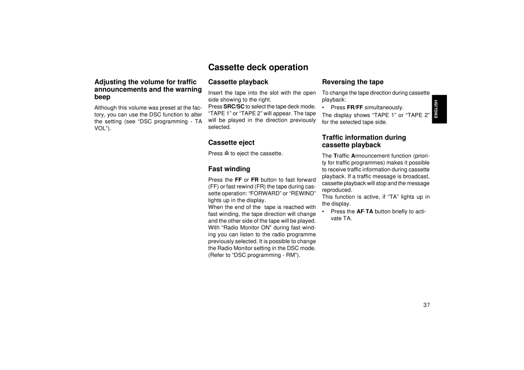 Blaupunkt RCM 149, DJ operating instructions Cassette deck operation 