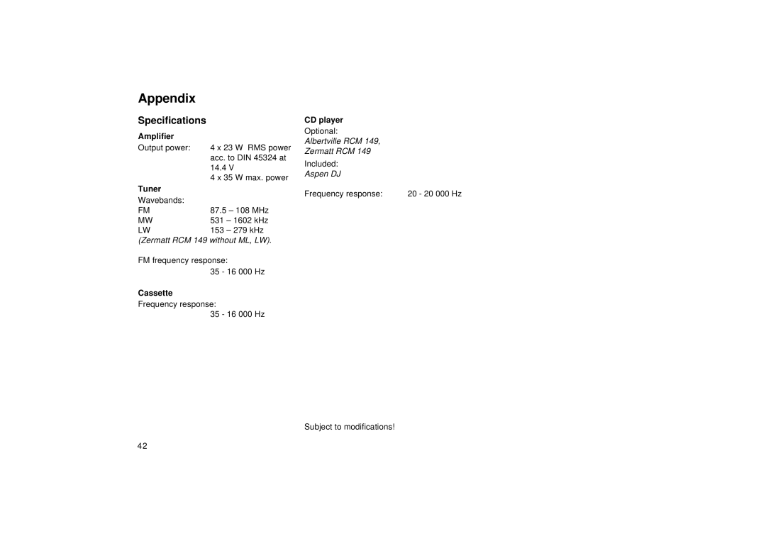 Blaupunkt DJ, RCM 149 operating instructions Appendix, Specifications 