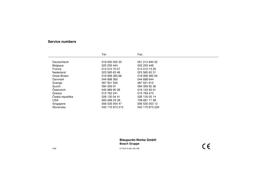 Blaupunkt RCM 149, DJ operating instructions Service numbers, Bosch Gruppe 