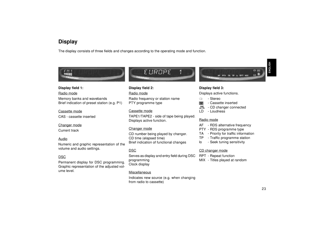 Blaupunkt RCM 149, DJ operating instructions Display field 