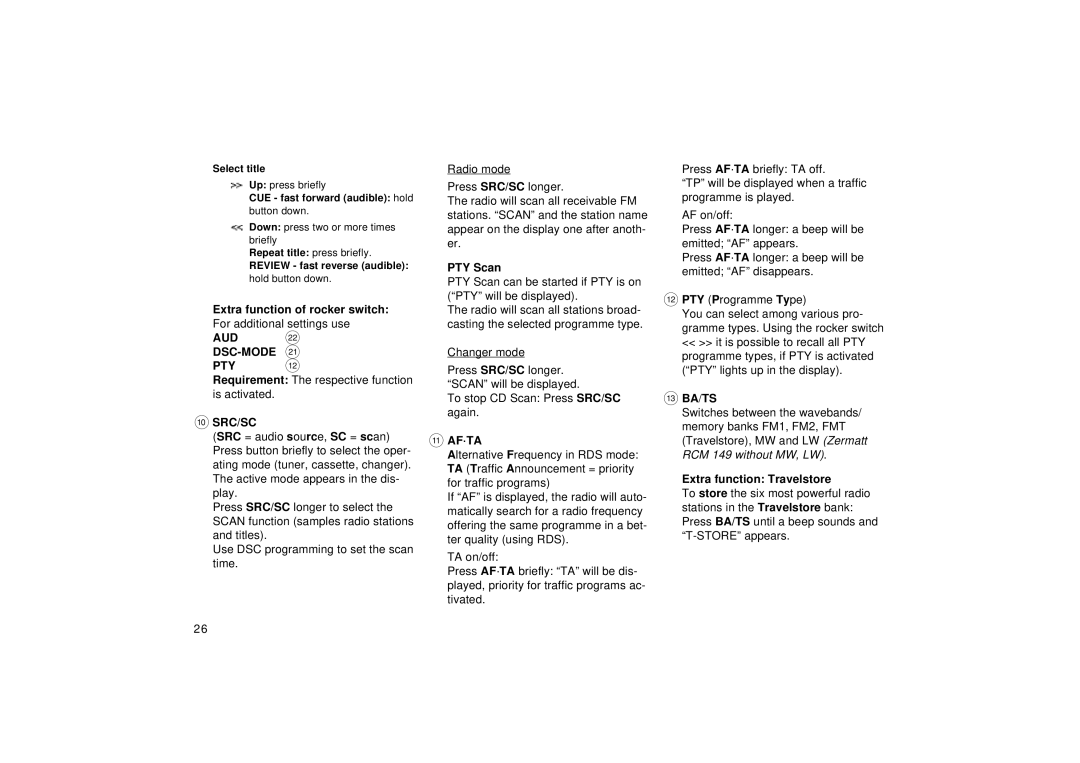 Blaupunkt DJ, RCM 149 operating instructions Aud F Dsc-Mode E Pty, Src/Sc, Af·Ta, = Ba/Ts 