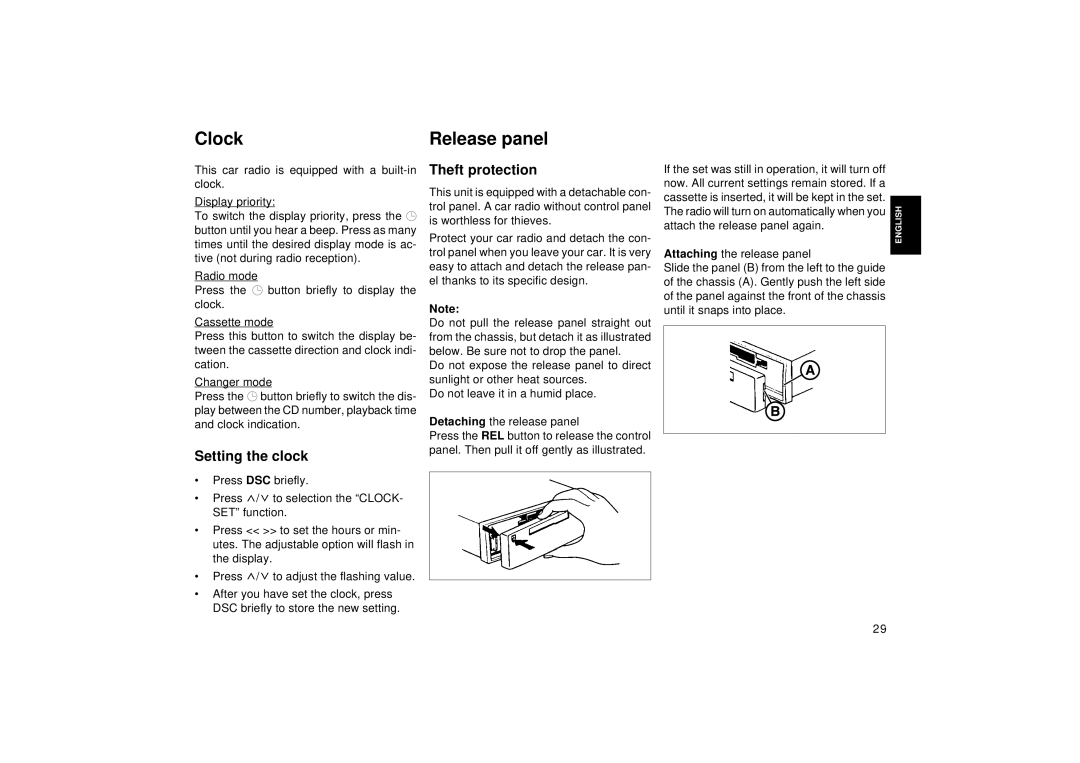 Blaupunkt RCM 149, DJ operating instructions Clock, Release panel, Setting the clock, Theft protection 