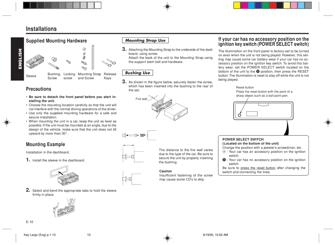 Blaupunkt DM2000 manual Installations, Supplied Mounting Hardware, Precautions, Mounting Example 