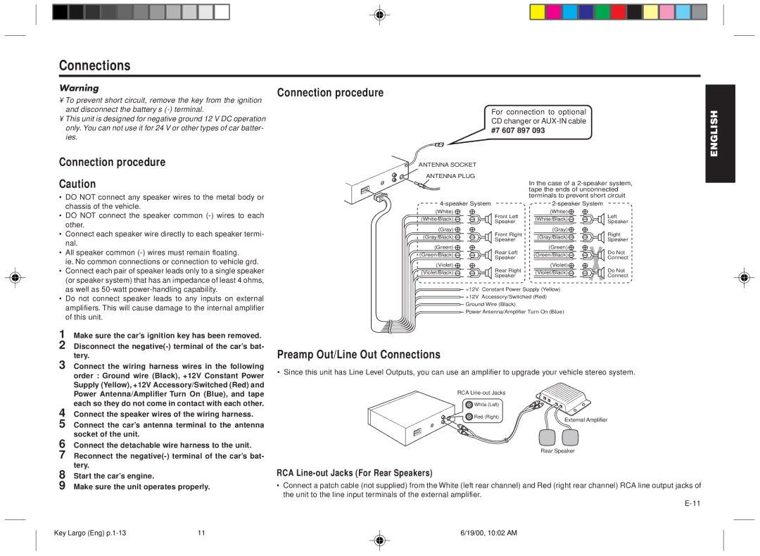 Blaupunkt DM2000 manual Connection procedure, Preamp Out/Line Out Connections 