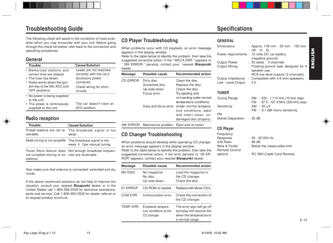 Blaupunkt DM2000 manual Troubleshooting Guide Specifications, General, Radio reception, CD Player Troubleshooting 