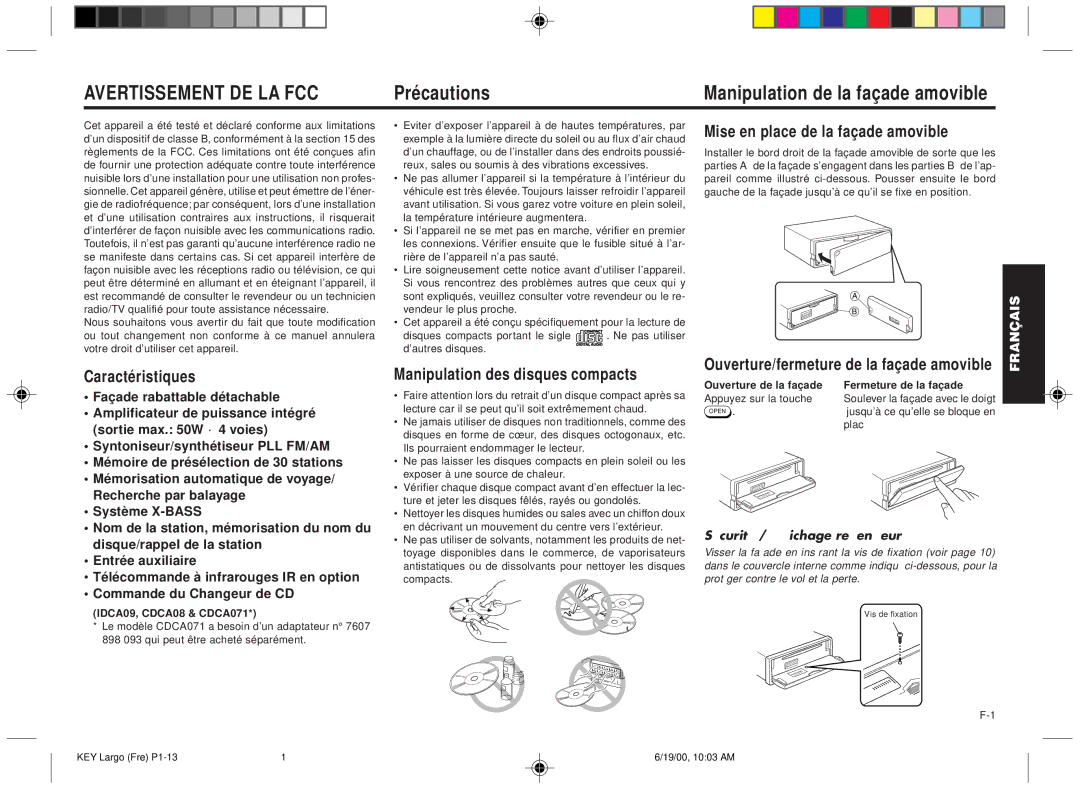 Blaupunkt DM2000 manual Précautions Manipulation de la façade amovible, Caractéristiques Façade rabattable détachable 