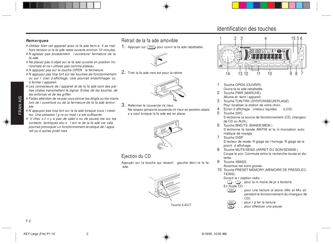 Blaupunkt DM2000 manual Identification des touches, Retrait de la façade amovible, Ejection du CD, Remarques, 15 5 