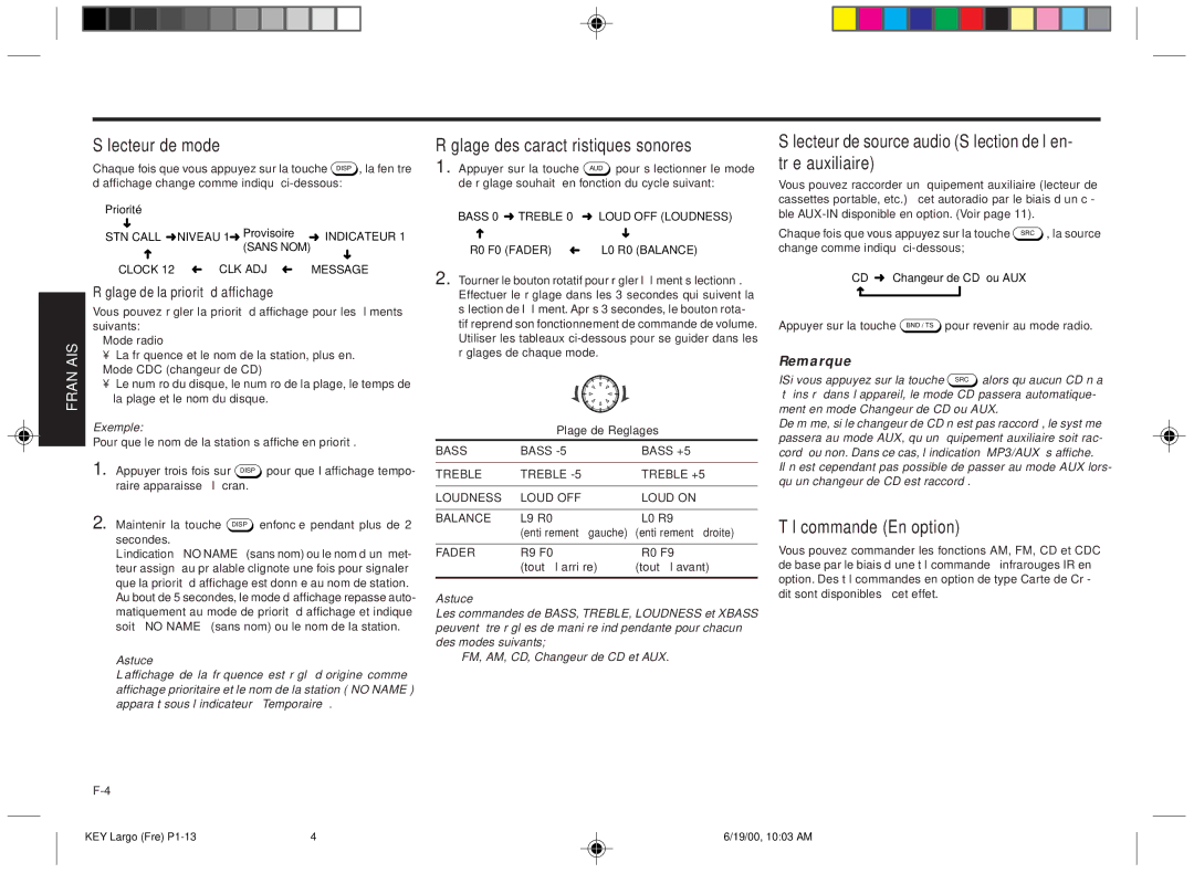 Blaupunkt DM2000 manual Sélecteur de mode, Réglage des caractéristiques sonores, Télécommande En option, Exemple, Astuce 