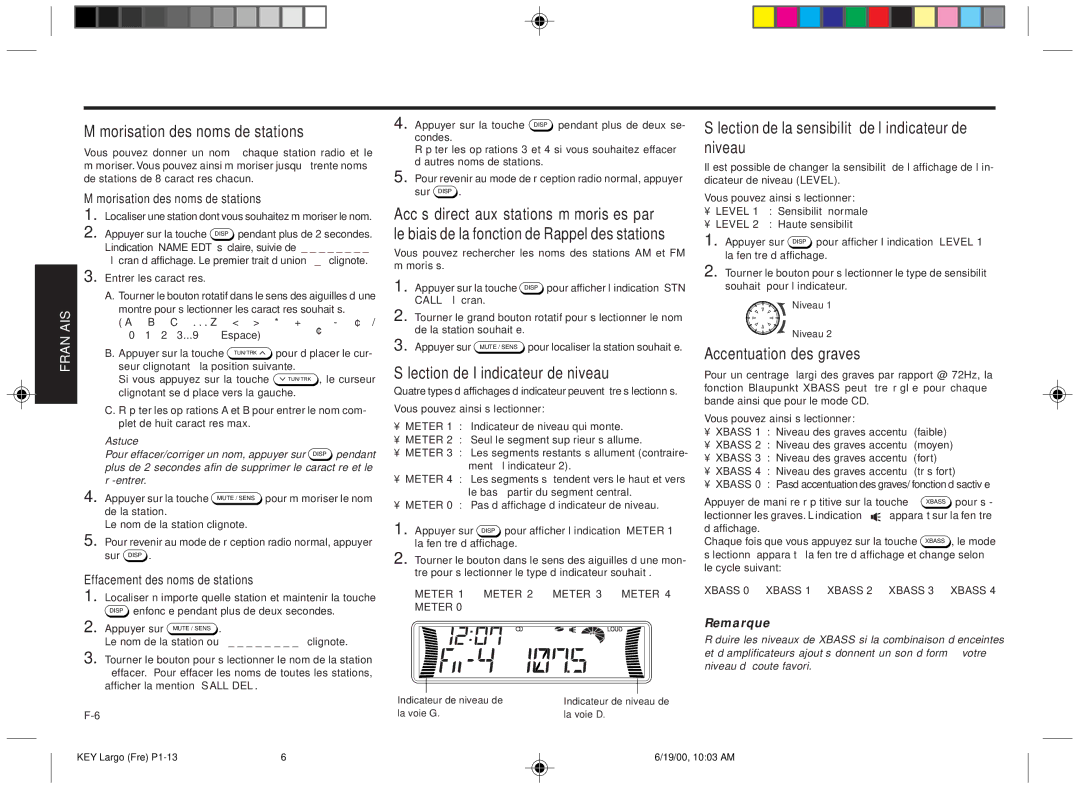 Blaupunkt DM2000 manual Mémorisation des noms de stations, Sélection de l’indicateur de niveau, Accentuation des graves 