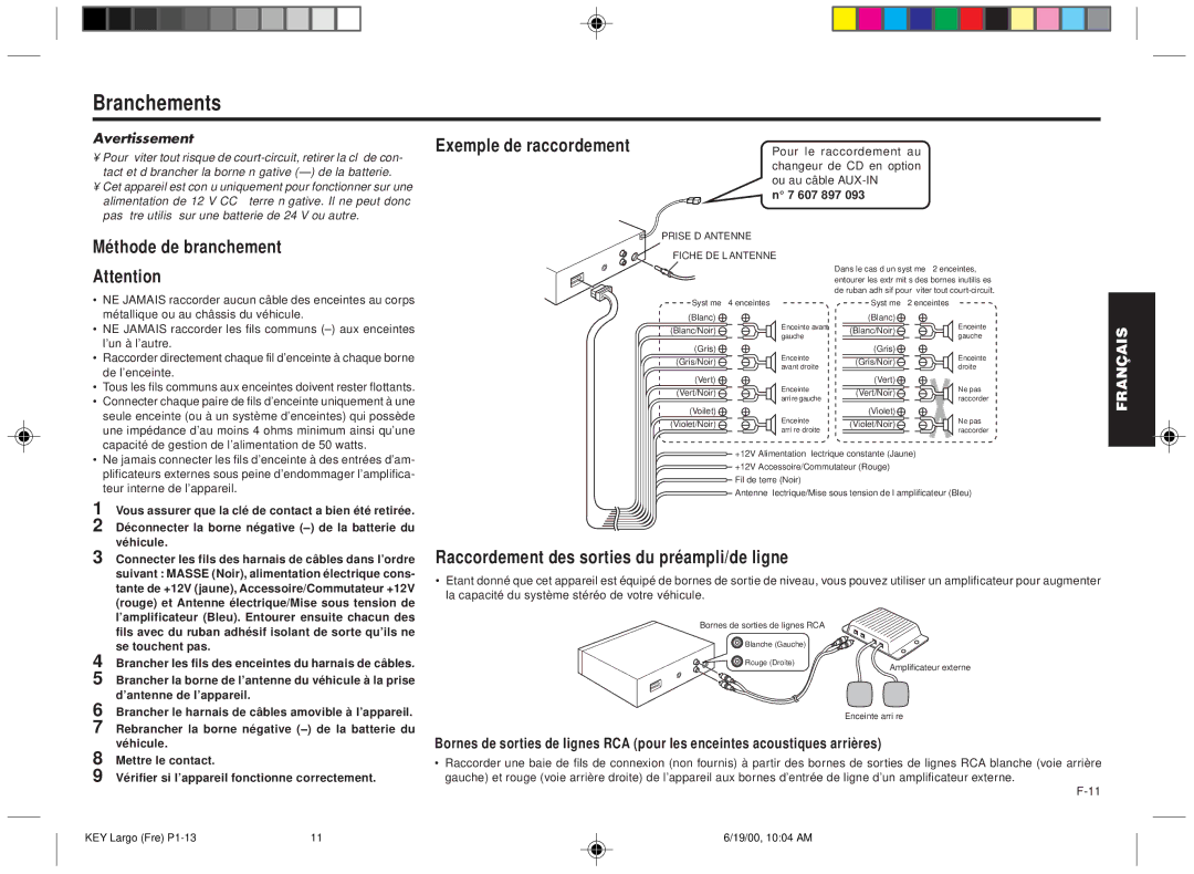 Blaupunkt DM2000 manual Branchements, Méthode de branchement Exemple de raccordement, Avertissement, 607 897 