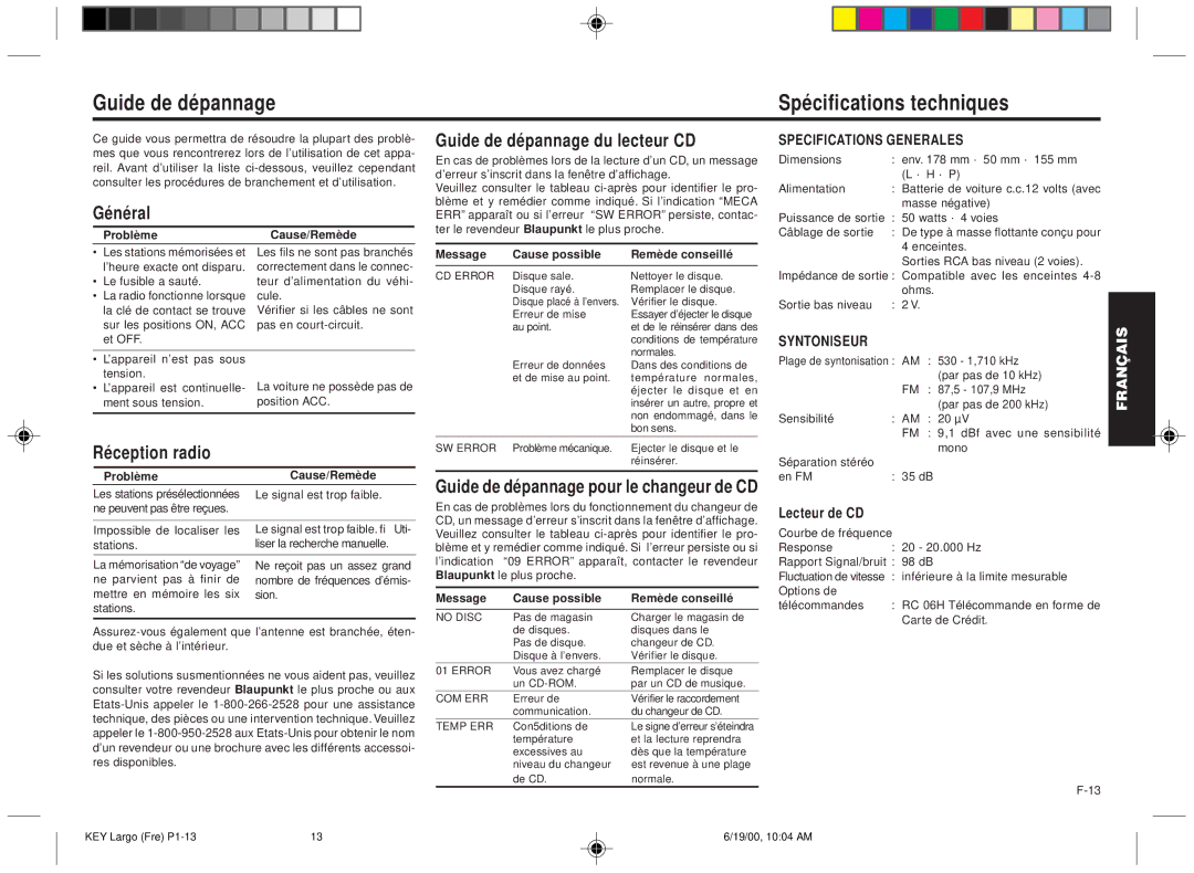 Blaupunkt DM2000 Guide de dépannage Spécifications techniques, Général, Réception radio, Guide de dépannage du lecteur CD 