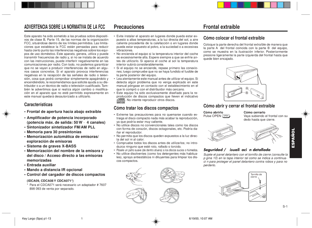 Blaupunkt DM2000 manual Precauciones Frontal extraíble, Características Frontal de apertura hacia abajo extraíble 