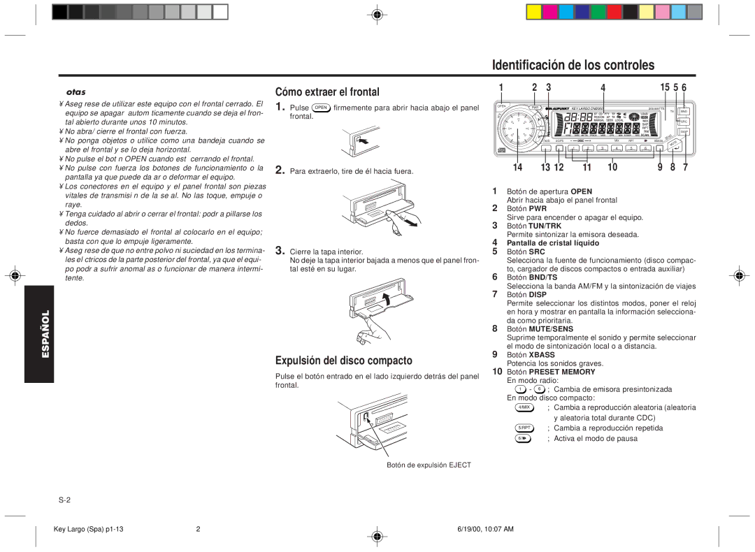 Blaupunkt DM2000 manual Identificación de los controles, Cómo extraer el frontal, Expulsión del disco compacto, Notas 