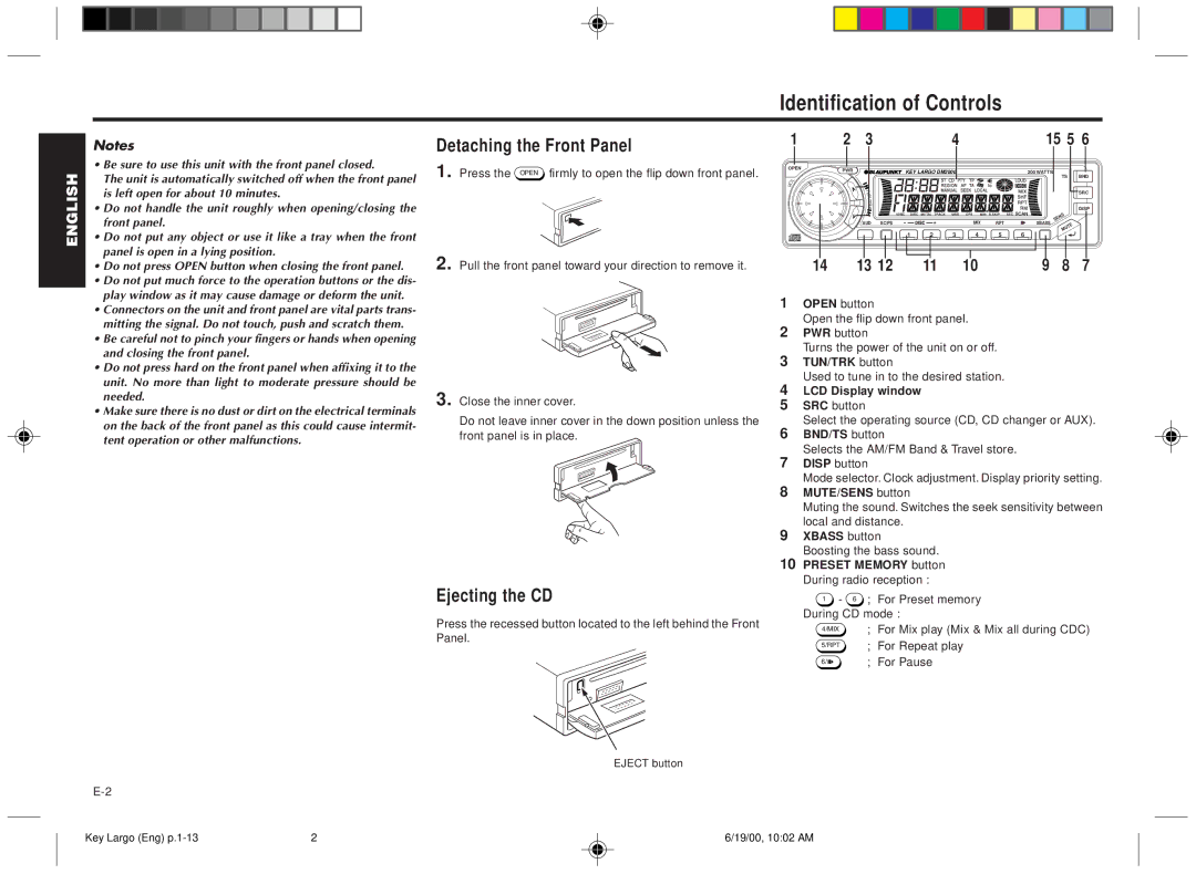 Blaupunkt DM2000 manual Identification of Controls, Detaching the Front Panel, Ejecting the CD 