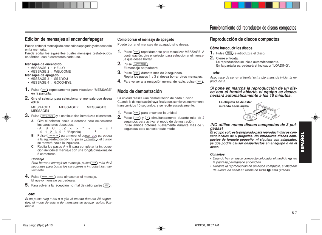 Blaupunkt DM2000 manual Edición de mensajes al encender/apagar, Modo de demostración, Reproducción de discos compactos 