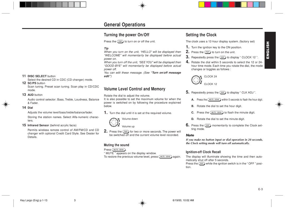 Blaupunkt DM2000 manual General Operations, Turning the power On/Off, Volume Level Control and Memory, Setting the Clock 