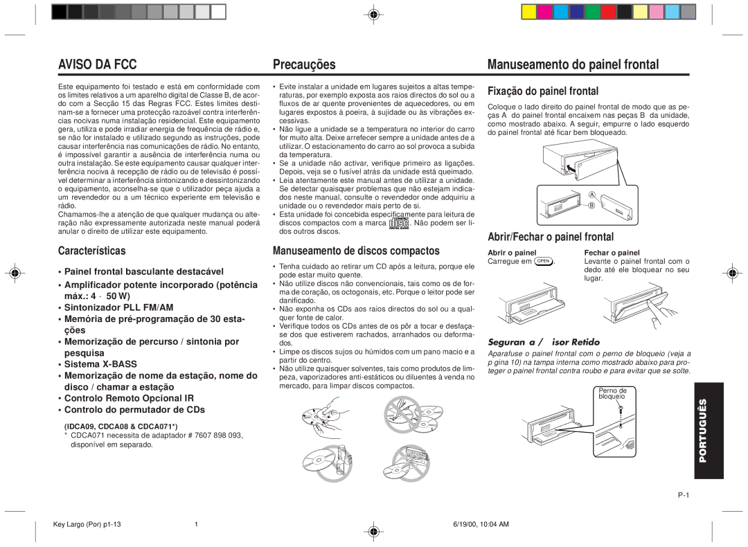 Blaupunkt DM2000 Precauções Manuseamento do painel frontal, Manuseamento de discos compactos, Fixação do painel frontal 