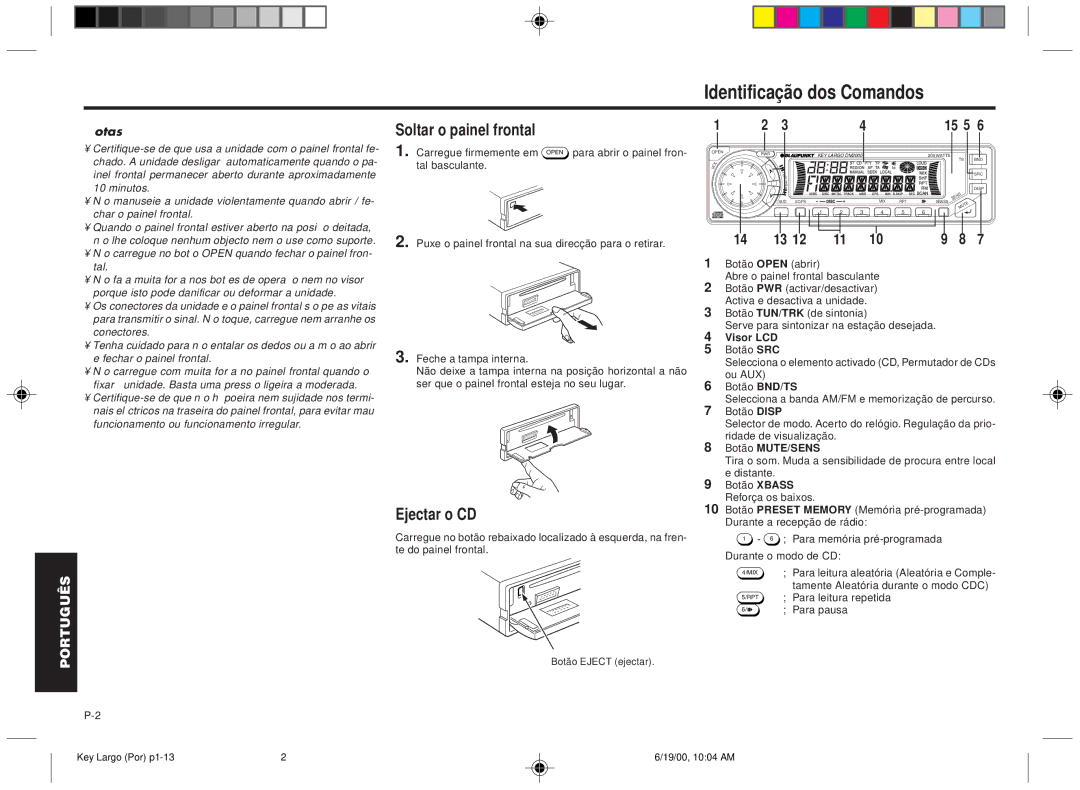 Blaupunkt DM2000 manual Identificação dos Comandos, Soltar o painel frontal, Ejectar o CD, Visor LCD, Botão MUTE/SENS 