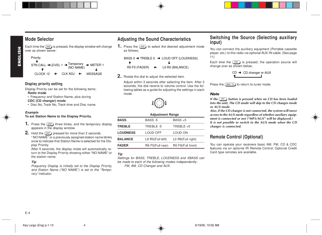 Blaupunkt DM2000 manual Mode Selector, Adjusting the Sound Characteristics, Remote Control Optional, Example 