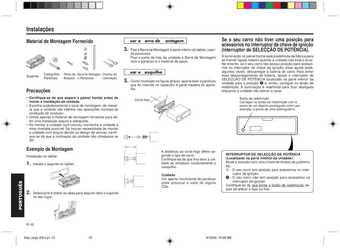 Blaupunkt DM2000 manual Instalações, Material de Montagem Fornecido, Precauções, Usar a Barra de Montagem, Usar o Casquilho 