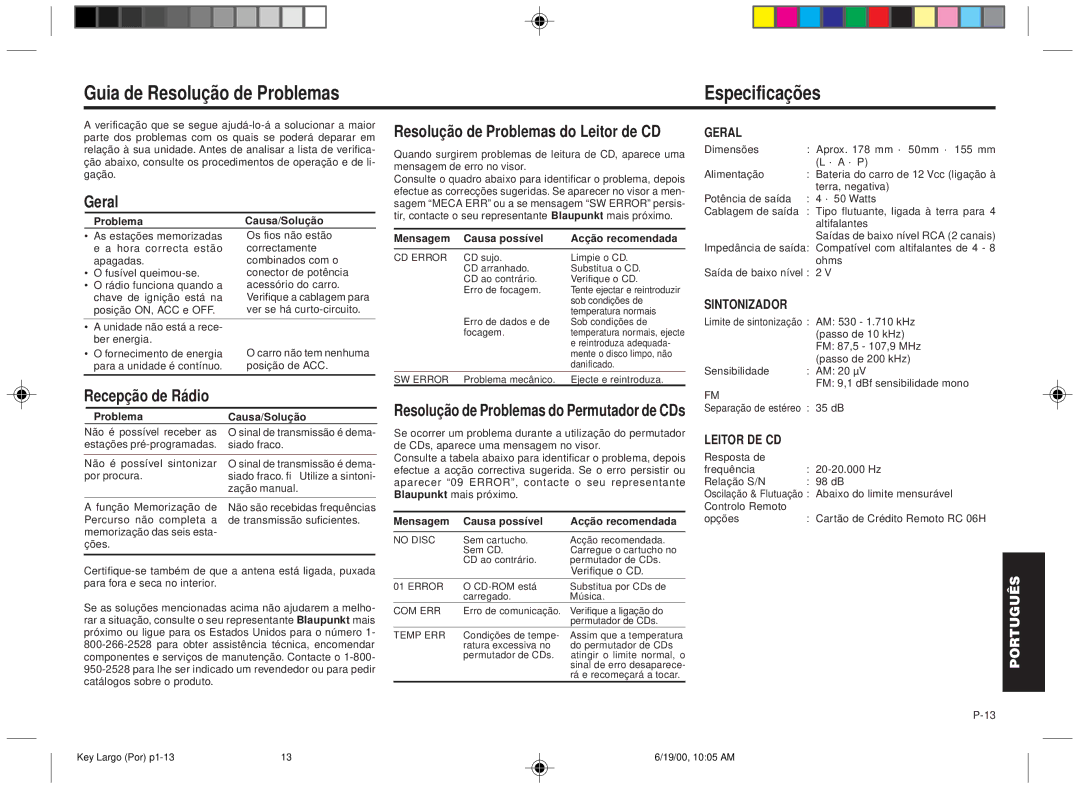 Blaupunkt DM2000 manual Guia de Resolução de Problemas Especificações, Geral, Recepção de Rádio 