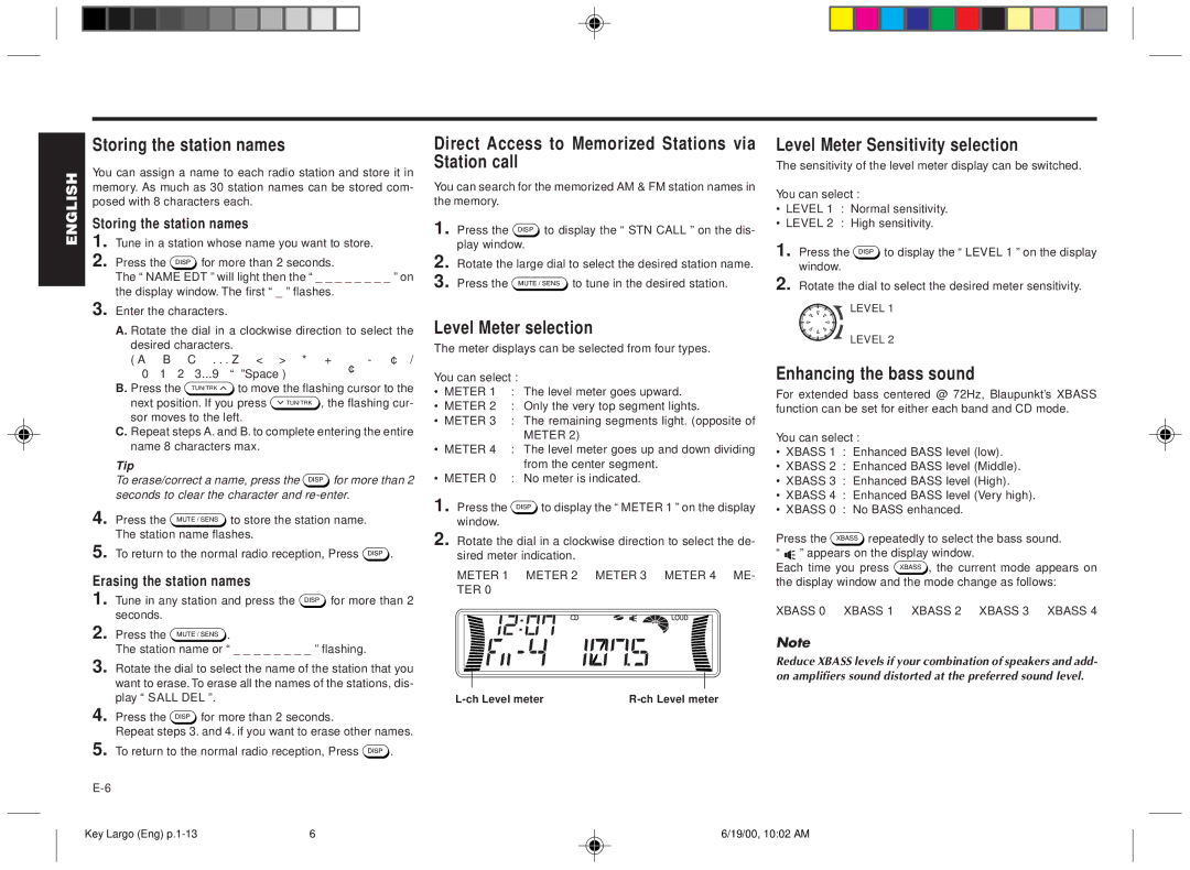 Blaupunkt DM2000 Storing the station names, Direct Access to Memorized Stations via Station call, Level Meter selection 