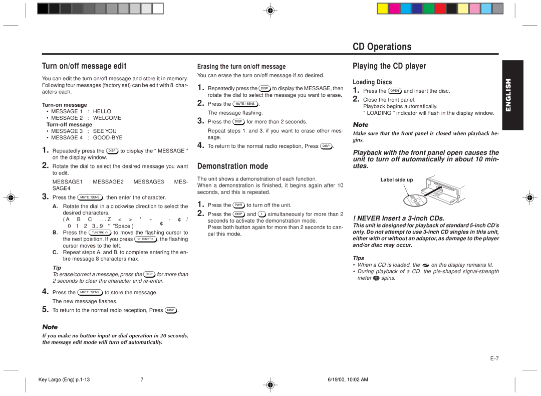 Blaupunkt DM2000 manual CD Operations, Turn on/off message edit, Demonstration mode, Playing the CD player 