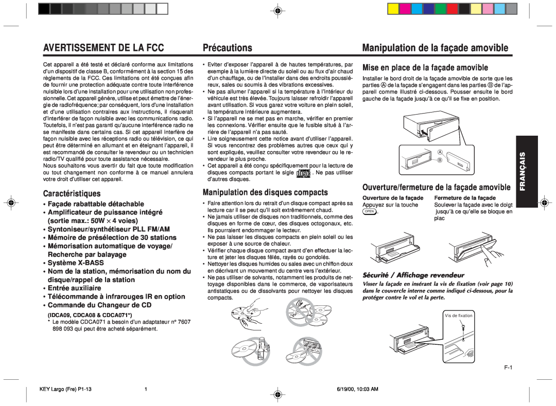 Blaupunkt DM2000 manual Avertissement De La Fcc, Précautions, Manipulation de la façade amovible, Système X-BASS, Français 