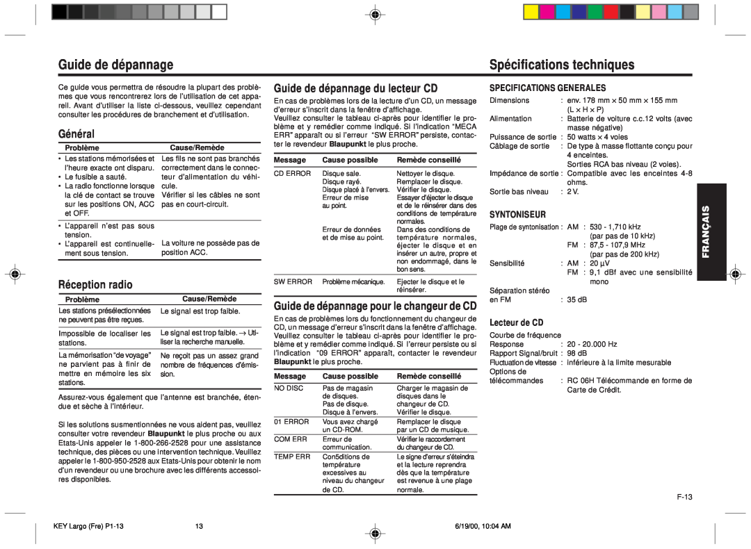Blaupunkt DM2000 manual Spécifications techniques, Général, Réception radio, Guide de dépannage du lecteur CD 