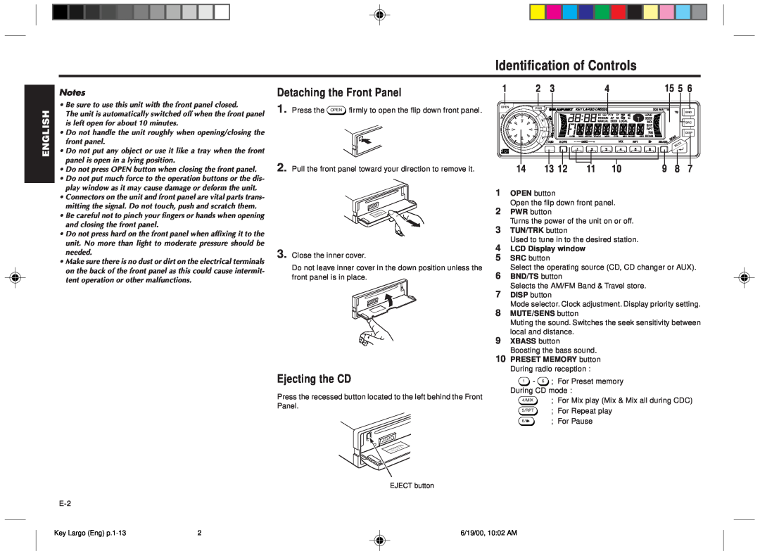 Blaupunkt DM2000 Identification of Controls, Español, Português, Detaching the Front Panel, Ejecting the CD, front panel 