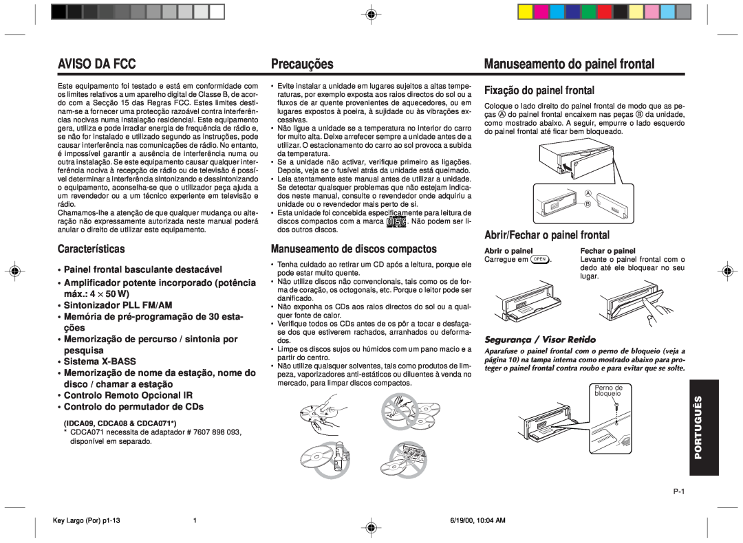 Blaupunkt DM2000 Aviso Da Fcc, Precauções, Manuseamento do painel frontal, Manuseamento de discos compactos, Français 